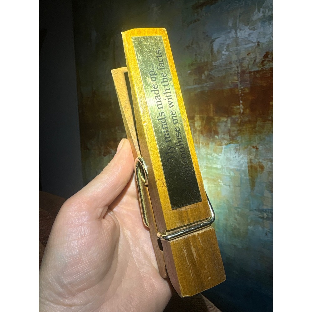 Vintage Giant Wooden Clothespin Paperweight Funny Sarcastic Brass Plaque 6 Inch